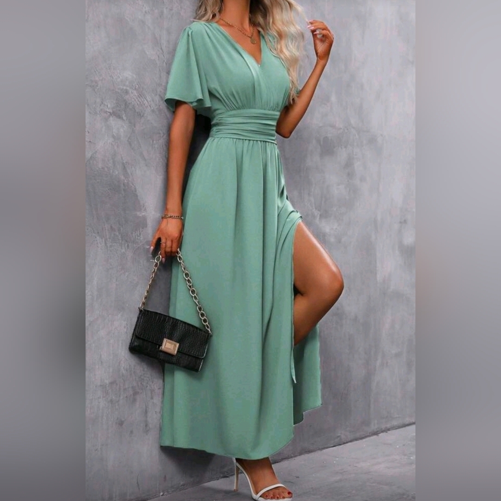 * NEW Chic Ruched Waist Flutter Sleeve Maxi Dress Light Green - Picture 3 of 9